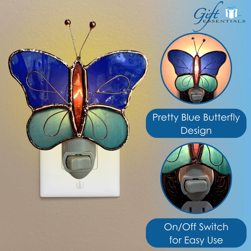 Gift Essentials Blue and Aqua Butterfly Plug in Night Light - Stained Glass Nightlight with On/Off Rocker Switch - Includes One 4 Watt Replaceable Incandescent Warm Glow Bulb - Image 2